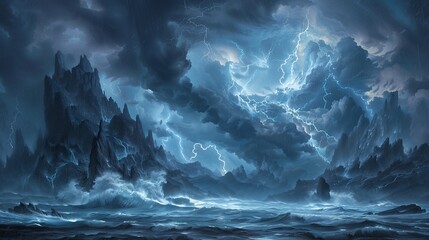 Naklejka premium Dark and Stormy Seascape with Jagged Mountains and Intense Lightning