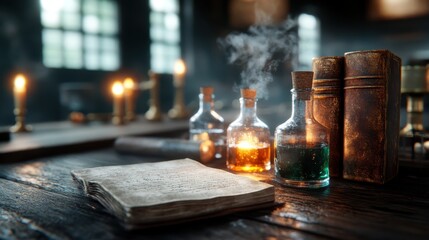 An intriguing arrangement of colorful potion bottles and ancient books surrounded by soft candlelight, creating a magical ambiance and evoking curiosity and wonder.