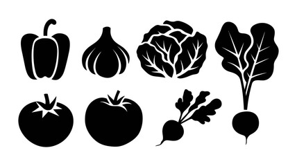 Black and White Vector Set of Various Vegetables Including Bell Pepper, Garlic, Lettuce, Tomato, and Radish