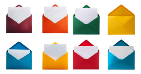 Colorful Envelopes with Blank Paper for Creative Projects and Designs, isolated on transparent background