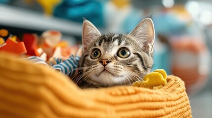 This charming image captures a curious kitten nestled comfortably in a vibrant woven basket amidst colorful toys, showcasing its playful and innocent nature.