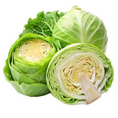 Fototapeta premium Fresh Green Cabbage Whole and Sliced isolated on white background as transparent. PNG.AI GENERATED