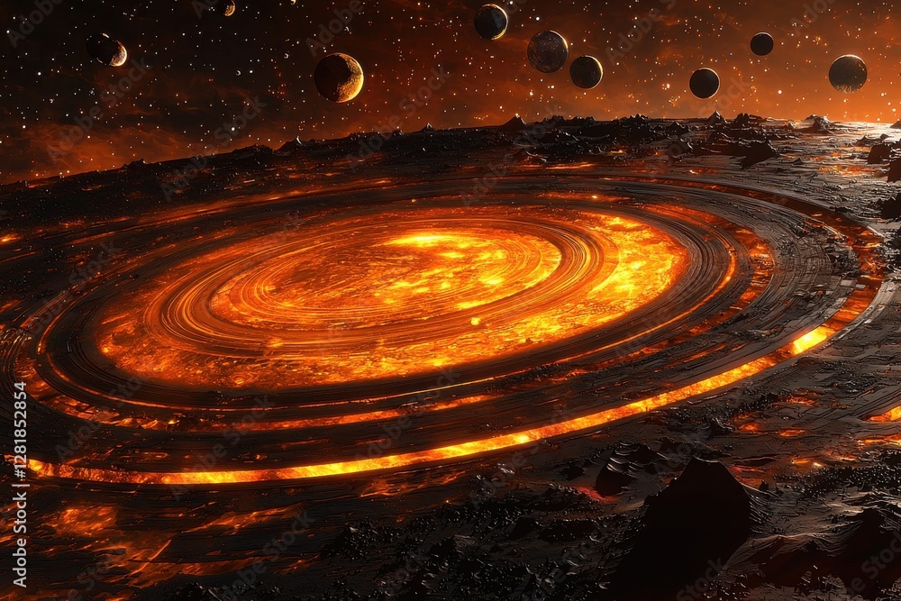 Poster a mesmerizing view of a fiery alien planet with glowing concentric rings and distant moons, evoking 