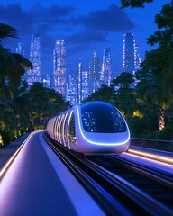 Futuristic train in a vibrant cityscape at night.