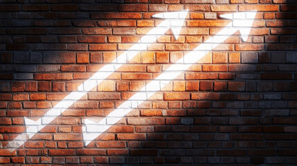 White neon arrows illuminating rustic exposed brick wall for urban design concepts