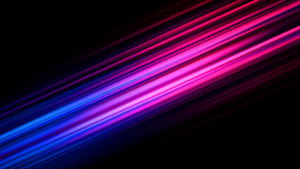 Abstract diagonal lines of vibrant pink and blue light on black background