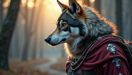 Sacred Thracian wolf cult background featuring an artistic depiction of a wolf-headed warrior in a mystical forest