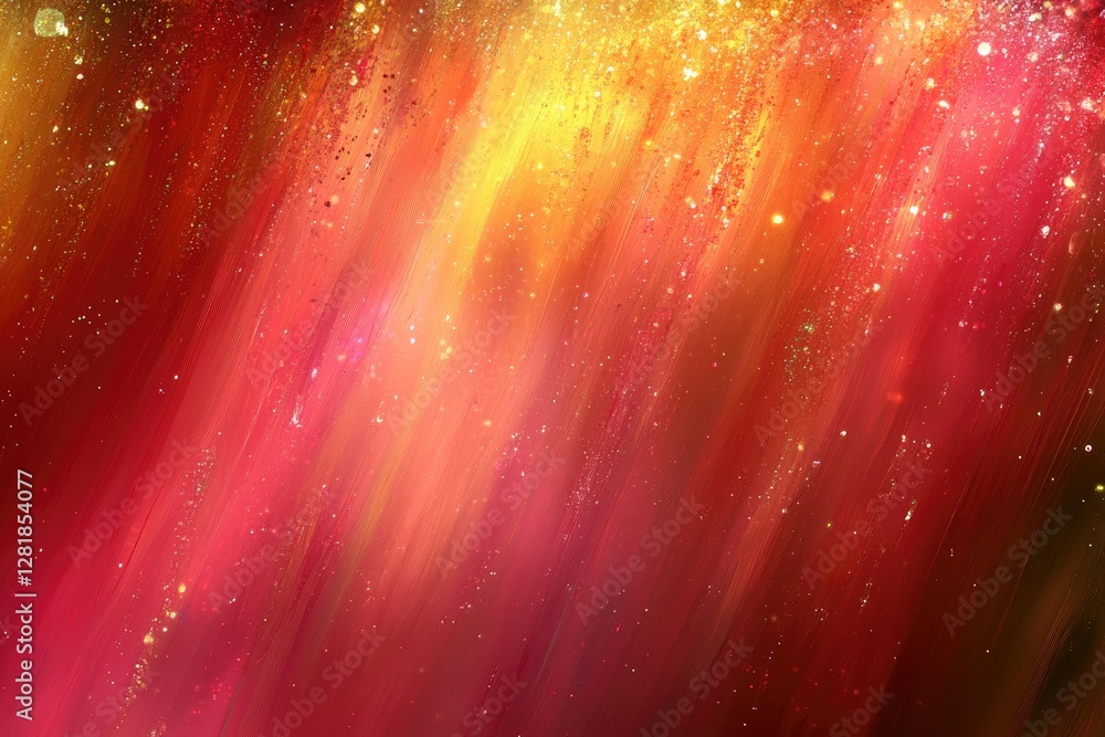 Poster here's a description for the photo stock image: abstract red and gold background with glittering tex