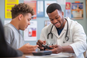 nurse demonstrating how to use a blood sugar monitor to a young man