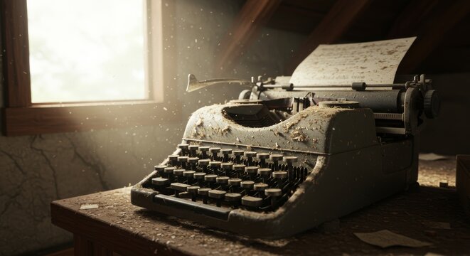 Forgotten tales a dust-laden typewriter in a sunlit attic beckons memories