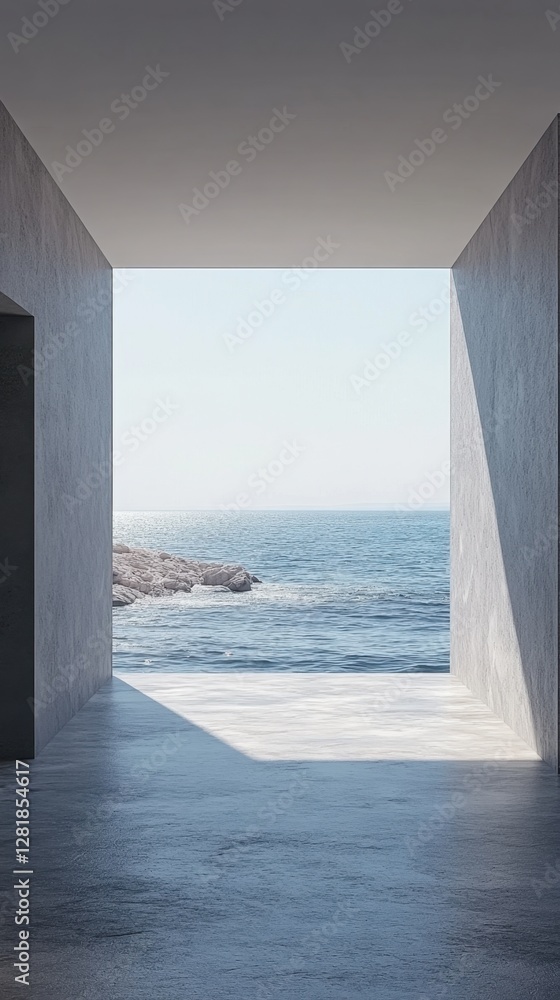 Poster serene seascape view from a minimalist concrete structure with sunlight reflecting on the ocean wave