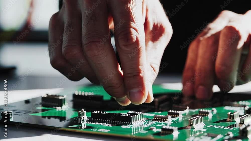 Poster Engineer carefully places a microchip onto a green circuit board, showcasing the intricate process of electronic assembly in slow motion