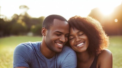 Fototapeta premium Joyful couple laughing together in the sunlight