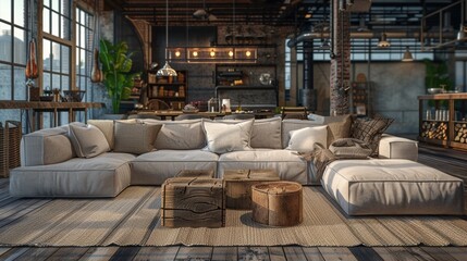 Cozy modern living room with plush sectional and rustic decor