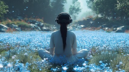 Meditative Escape: Woman in VR Headset Meditating in a Dreamy Meadow Filled with Blue Flowers, Connecting with Nature and Technology