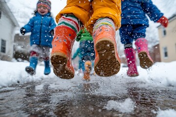Children jumping puddle, winter fun