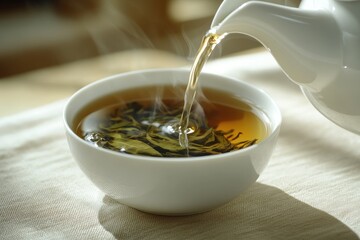 Tea being poured into a white bowl with tea leaves
