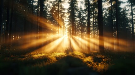 Naklejka premium A mesmerizing forest scene at dusk with rays of sunlight filtering through trees, while the forest floor basks in a warm golden hue, creating a feeling of wonder and exploration.