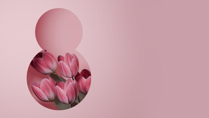 Background for International Women's Day from the number 8 and tulips. Happy Women's Day. March 8 banner image.