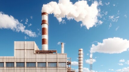 A modern industrial facility with smokestacks under a clear blue sky, showcasing environmental emissions and manufacturing processes.