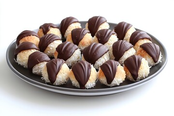 A delightful platter of coconut macaroons dipped in dark chocolate, arranged on a plate, perfect for a sweet treat or dessert, ready to be enjoyed.