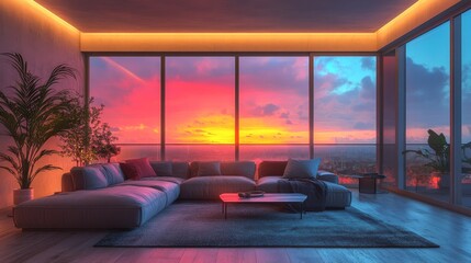 Fototapeta premium Luxury Apartment Interior with Panoramic Sunset View, Featuring Modern Sofa, Large Windows, and Ambient Lighting Reflecting on the City Skyline.