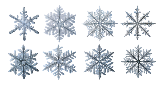 Collection of Eight Unique and Detailed Snowflake Designs on White Background, isolated on transparent background