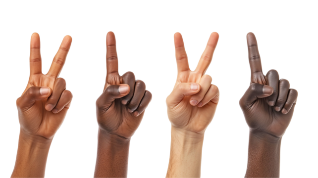 Diverse hands showing peace and number one gestures, various skin tones, isolated on transparent background, concept of unity, diversity, teamwork, and victory