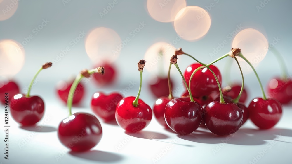 Poster fresh cherries arranged artistically on a light background with soft bokeh lighting creating a vibra