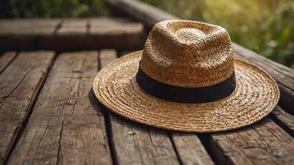 Staw hat, Vintage straw hat on wooden table, Close-up picture of classisc straw hat isolated on table blurred background