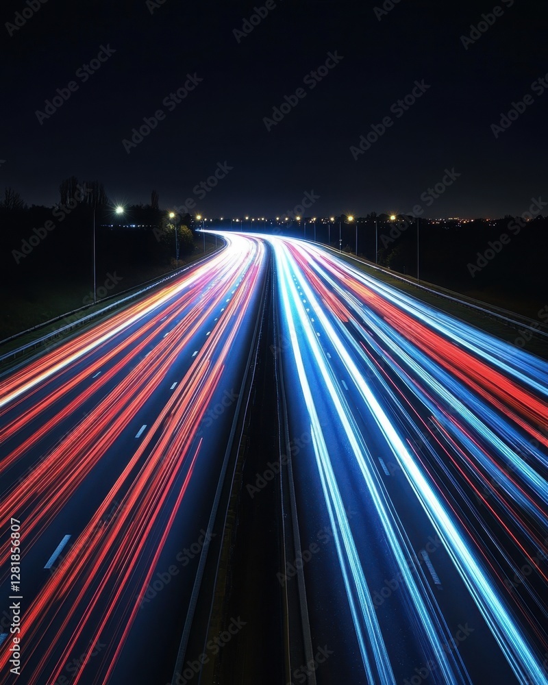 Poster dynamic nightscape highway with striking light trails capturing speed and motion in urban landscape