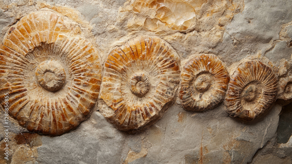 Poster fossil rich limestone texture featuring ammonite fossils for geological studies