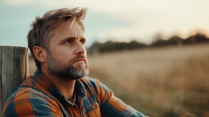 A bearded man wearing a plaid shirt stares into the horizon, surrounded by fields, suggesting deep contemplation amidst the serene natural landscape.