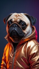Obraz premium A dog is wearing a jacket and looking at the camera