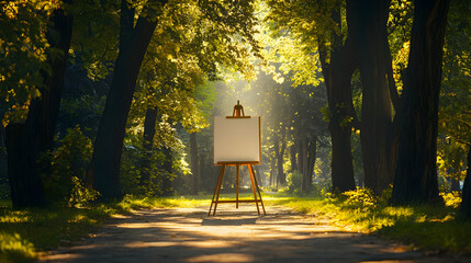 Easel in sunlit forest pathway surrounded by lush greenery and tall trees