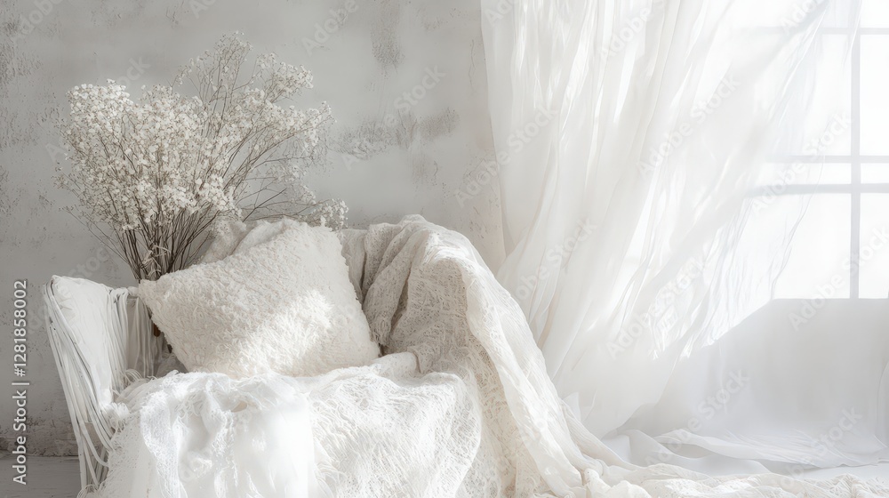 Poster dreamy white setting with flowers and soft textures for relaxation