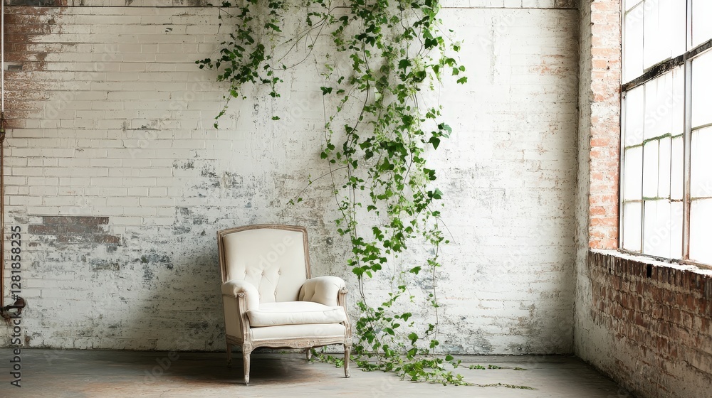 Poster elegant armchair juxtaposed with trailing verdure in rustic studio