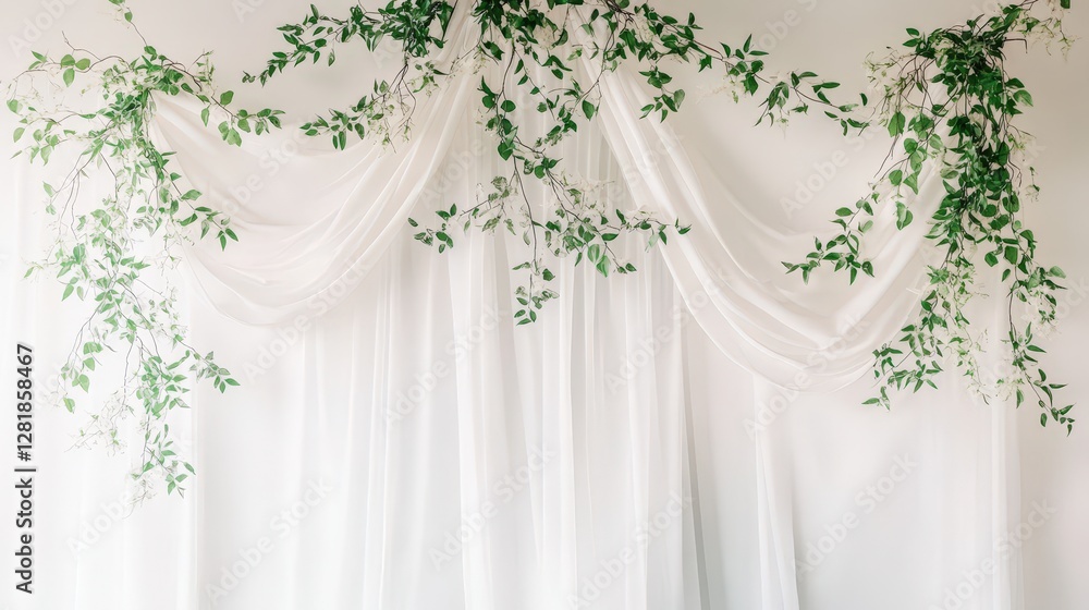 Poster elegant backdrop with cascading greenery and flowing sheer fabric