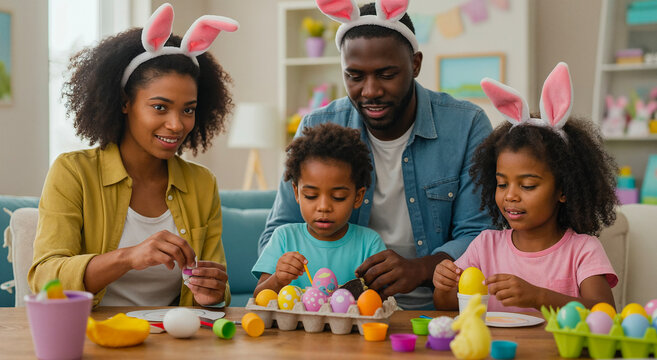 Happy African American Family Decorating Easter Eggs Together at Home - Powered by Adobe