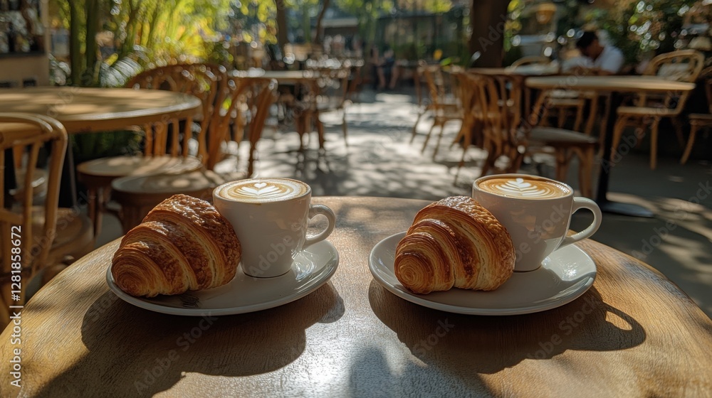 Aufkleber two cups of cappuccino with croissants on a wooden table in a cafe with soft light and a blurred bac