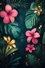 Tropical Bloom Serenity Hibiscus and Palm Leaves on Dark Teal Backdrop Golden Accents Elegant Floral Arrangement Exotic Beauty