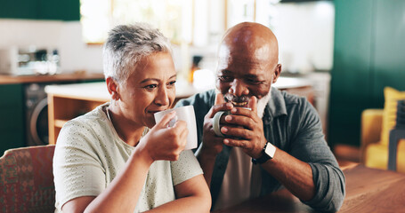 House, coffee and senior couple with love, romance and bonding together with relationship. Valentines day, old man and mature woman in living room, cappuccino and herbal tea with marriage and smile
