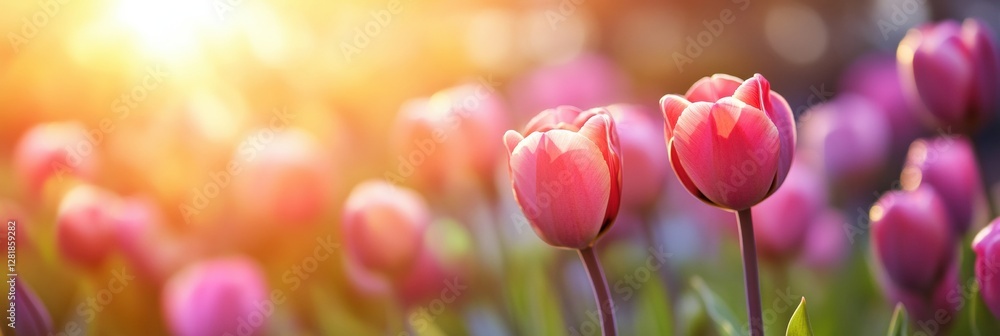 Poster vibrant tulips blooming in a sunlit garden during springtime creating a colorful landscape. generati