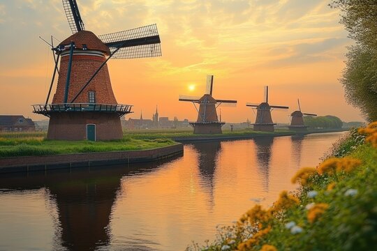 Three windmills stand beside a canal at sunset. Ideal for travel, tourism, and Dutch culture projects.
