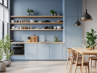 Modern kitchen with light blue cabinets and wooden shelves