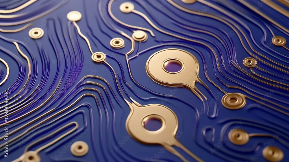 Poster abstract blue and gold circuitry design with intricate patterns