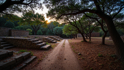 Obraz premium Ancient ruins on forested path at twilight, archaeological wonder