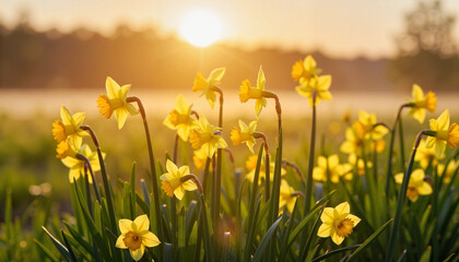 Fototapeta premium Golden daffodils blooming in countryside meadow at dusk, seasonal renewal