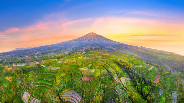 Scenic of Mount Sumbing at sunrise, Central Java, Indonesia.