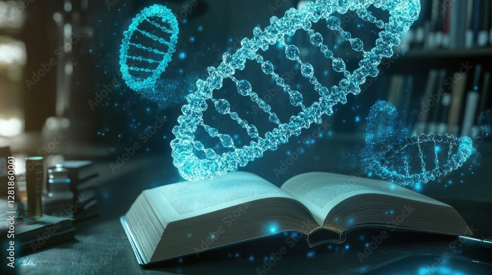Poster a digital learning space with an open book on a desk and a high-tech holographic dna strand hovering